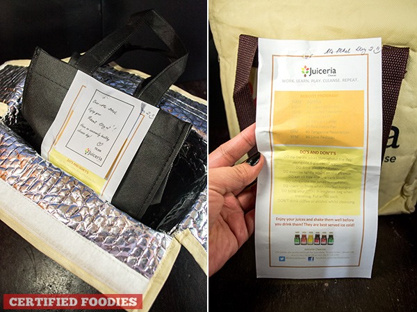 Juiceria Cleanse includes a paper guide or reminder along with the bags