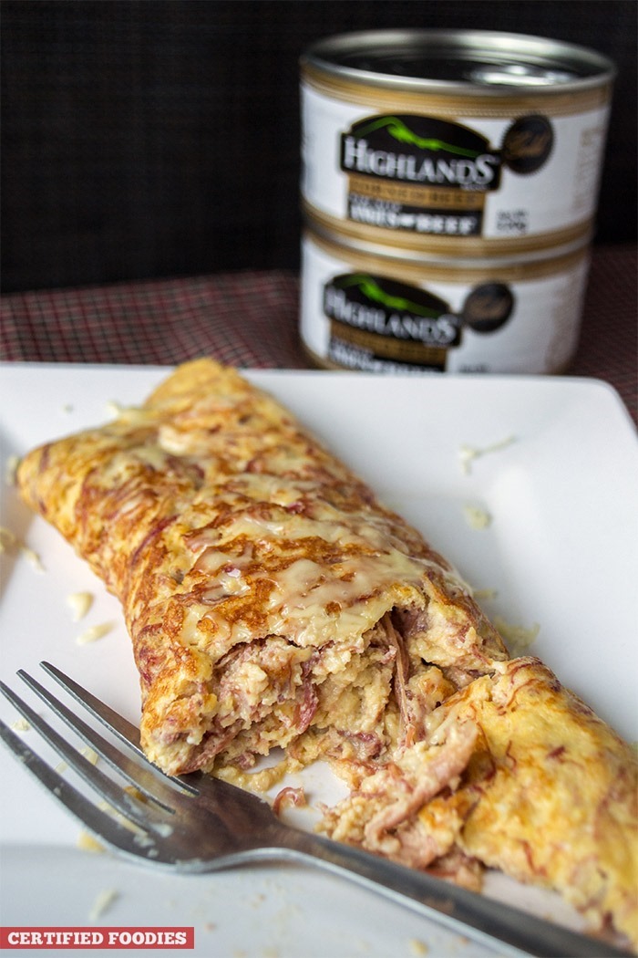 Highlands Gold Corned Beef and Cheese Omelet with generous amounts of Angus beef
