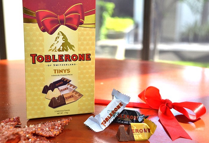 Toblerone holiday gift boxes with a mix of milk chocolate, dark chocolate and white chocolate mini Toblerone bars