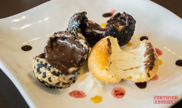 Wee Nam Kee 3 Flavor Chocolate Truffle Buchi with fillings oozing out Wee Nam Kee 3 Flavor Chocolate Truffle Buchi with fillings oozing out