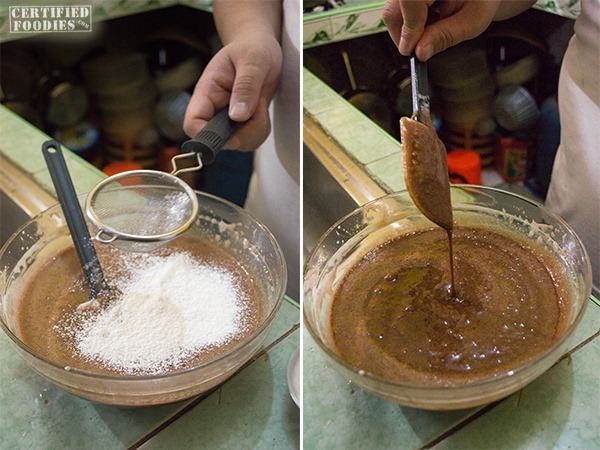 Add the sifted flour to the chocolate torte mixture