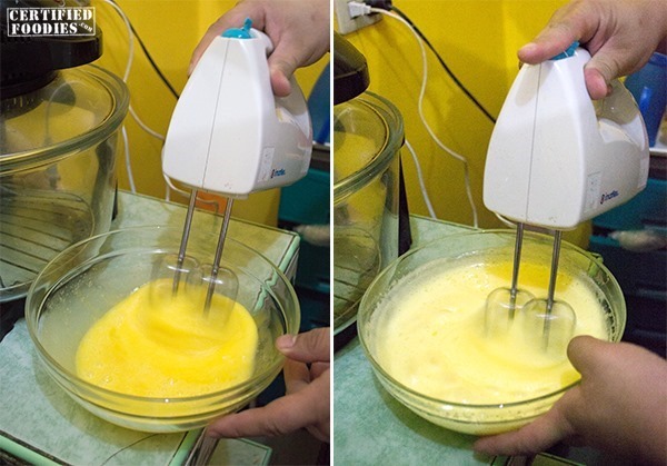 Mix the eggs, sugar and salt using a hand-mixer til it's fluffy