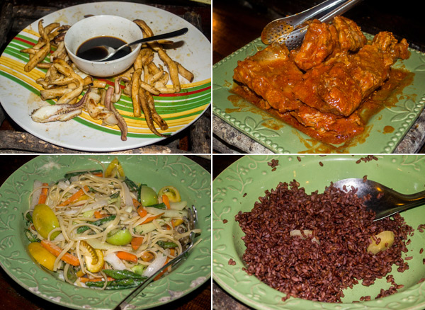 Red rice, grilled squid, chicken and pasta at Bohol Bee Farm