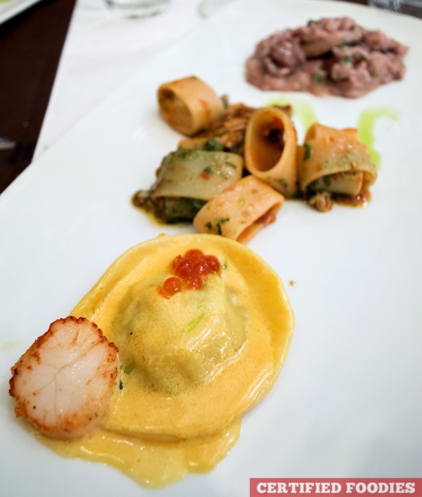 Raviolone with diver scallop, Calamarata with red Sicilian pesto and seafood, Risotto