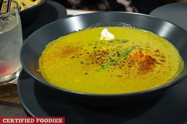 detalle's Pea Asparagus Soup with soft-boiled egg, bacon marmalade[2]