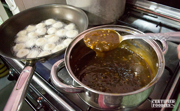 Fry the fishballs while waiting for the sauce to thicken up