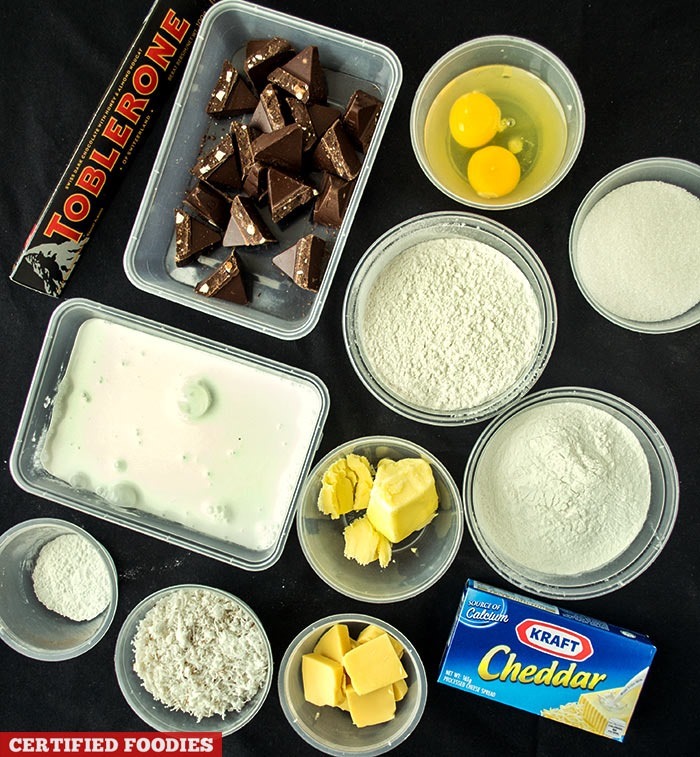 Ingredients for Bibingka with Toblerone Dark Chocolate and Kraft Cheddar Cheese