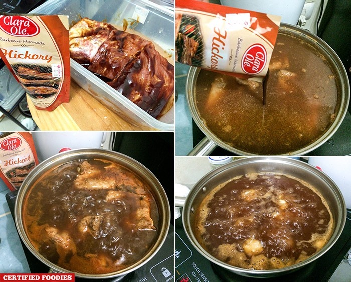 Boil the baby back ribs with Clara Ole Hickory BBQ Marinade