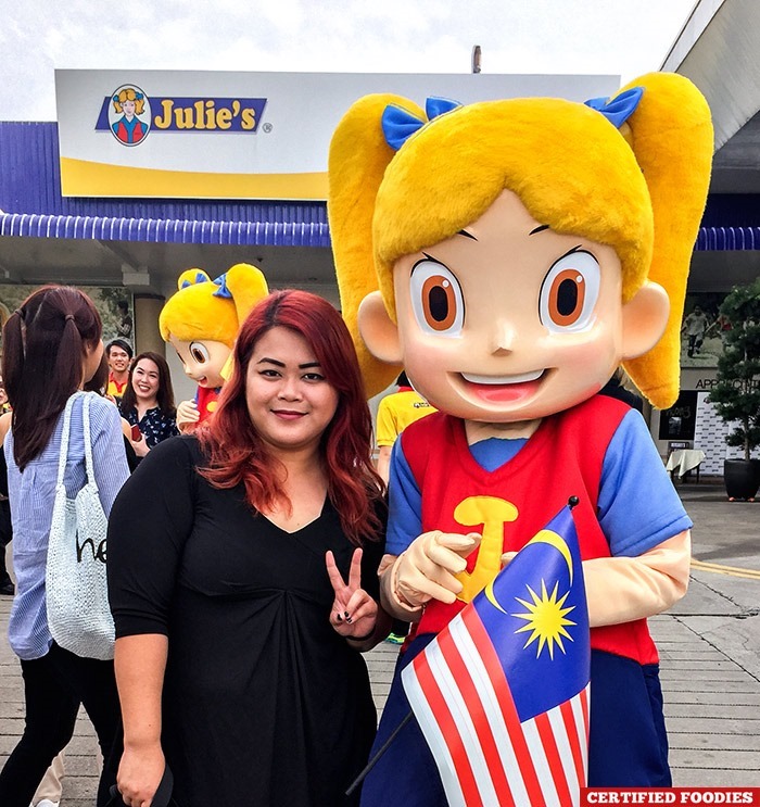 With Julie's Biscuits mascot at their factory in Melaka, Malaysia